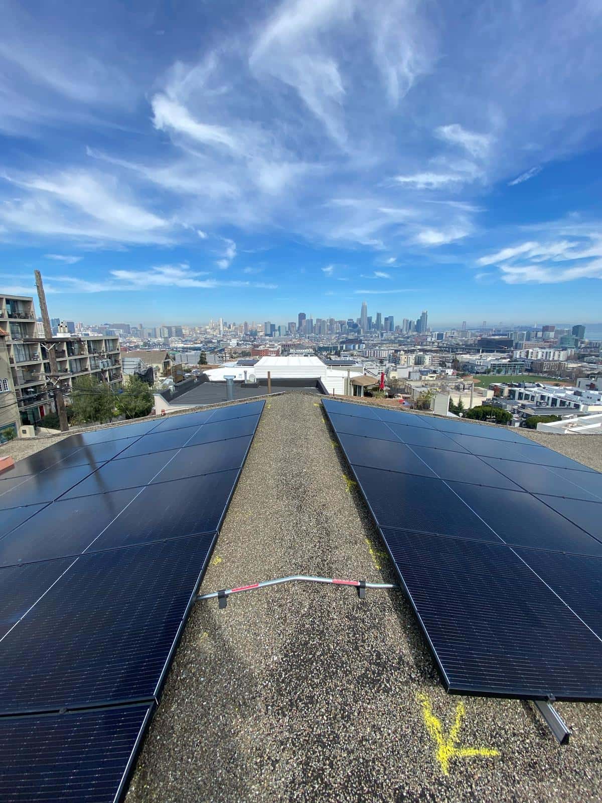 Rooftop solar array overlooking the San Francisco skyline